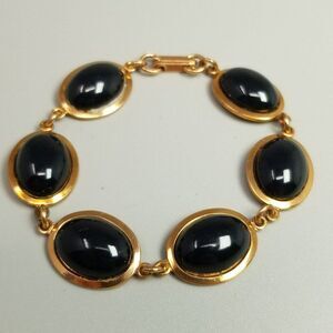 Vintage Black Cabochon and Copper Color Six Panel Chain Bracelet, 7 1/2 Inches